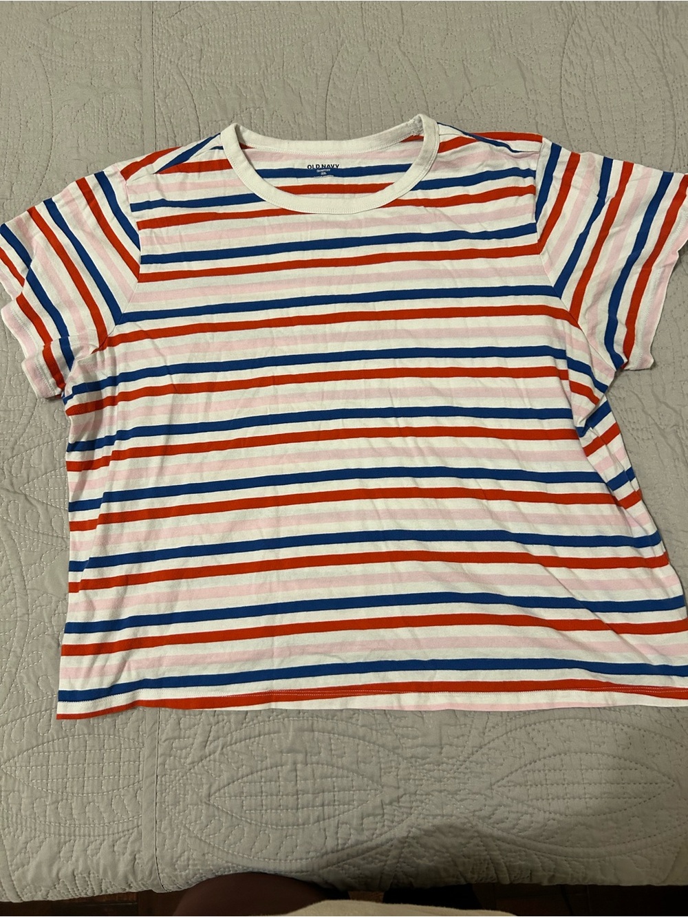 Old Navy White Tee with Red, Blue & Pink Stripes